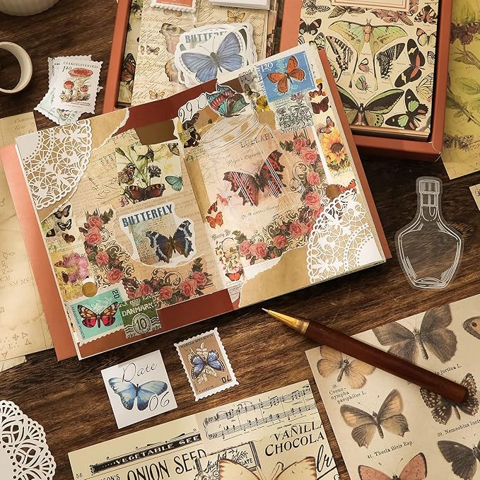 emmoolife Vintage Aesthetic Scrapbooking Supplies Kit, Butterfly Junk Journal Scrapbook Kit with Journaling Supplies, A6 Grid Notebook, Stationery, Birthday Craft Gift Set for Teen Girl Women