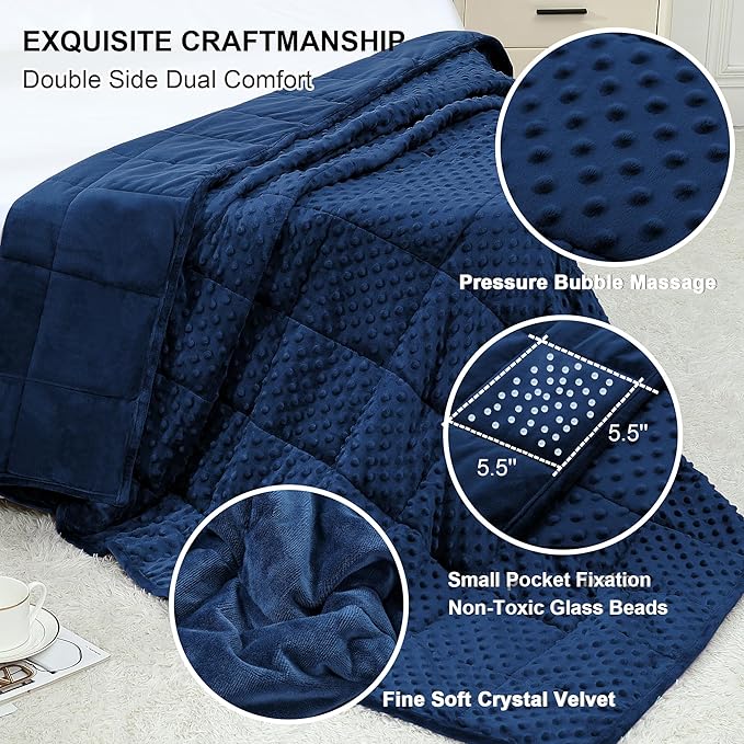 Alomidds Weighted Blanket (60"x80",20lbs Queen Size - Navy), Weighted Blankets for Adults, Cooling Breathable Soft and Comfort Minky, Heavy Blanket Microfiber Material with Glass Beads