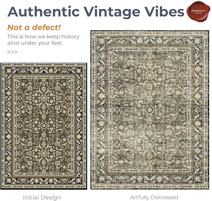 OPPODREAM Vintage Brown 2x12 Runner Rug, 2 x 12 Retro Washable Rug Non Slip, Low-Pile Faux Wool Carpet, Distressed Floor Mat for Kitchen, Hallway, Entry-Way, Entrance, Indoor Back Door