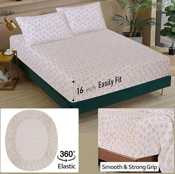 RUVANTI 100% Cotton King Size Sheets Set, 4 Pieces, Soft & Breathable Percale Weave Bedding, Deep Pocket 16", Hotel Standard, Crisp Cool Feel, Durable, Perfect Floral Bed Sheet, Twin Spring