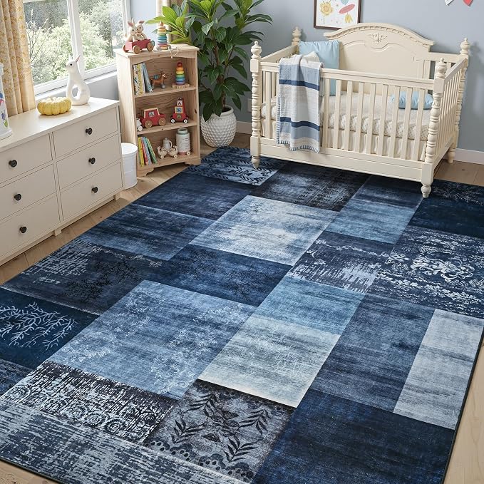Tepook 9x12 Blue Area Rugs for Living Room, Modern Large Geometric Rug for Bedroom, Washable Patchwork Rug Indoor Non Slip Throw Carpets for Dining Room Office Farmhouse Home Decor