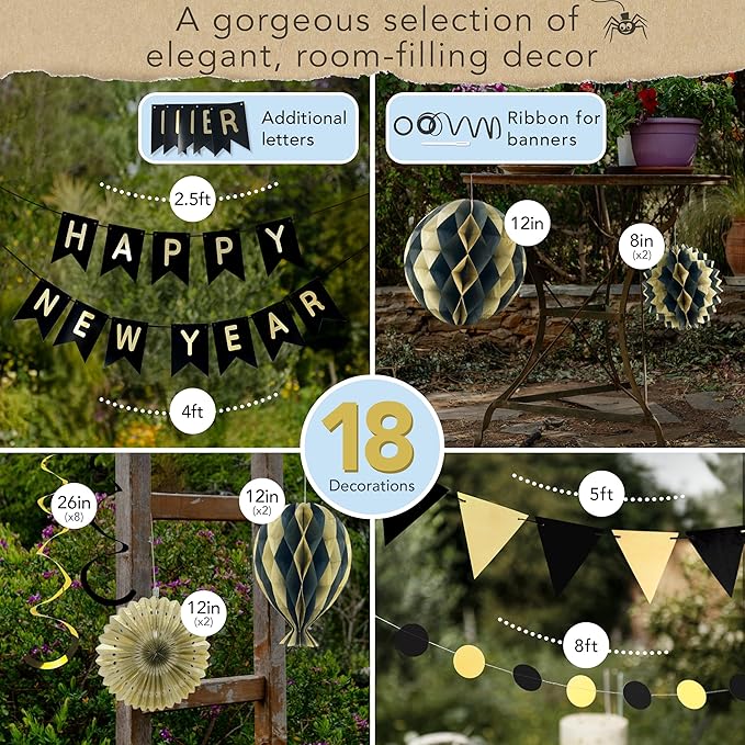 Premium Reusable New Years Decorations 2026 - Multi-occasion Happy New Year Banner also spells Happy Birthday, Fast Assembly with Velcro - NY Eve 2026 Party Supplies / Black and Gold Party Decorations