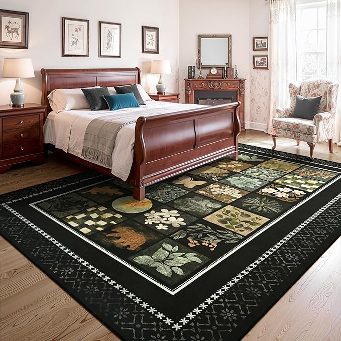 Tepook 5x7 Area Rugs for Living Room, Modern Large Geometric Rug for Bedroom, Washable Patchwork Rug Indoor Non Slip Throw Carpets for Dining Room Office Farmhouse Home Decor, Black