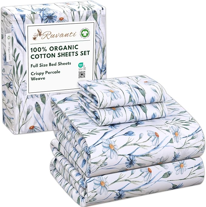 RUVANTI 100% Organic Cotton Sheets Full Size, Percale Weave, GOTS Certified, 4-Piece Set, Deep Pocket 15", Crisp & Breathable, Soft Durable Bedding, Sábanas Algodón Orgánico – Daisy Bud