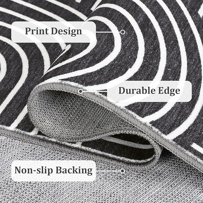 Washable Boho 9x12 Large Area Rug Modern Abstract Black White Rugs Non Shedding Soft Bedroom Carpet Ultra-Thin Low Pile Living Room Floor Mat Non Slip Modern Carpet for Playroom Dining Room, Black