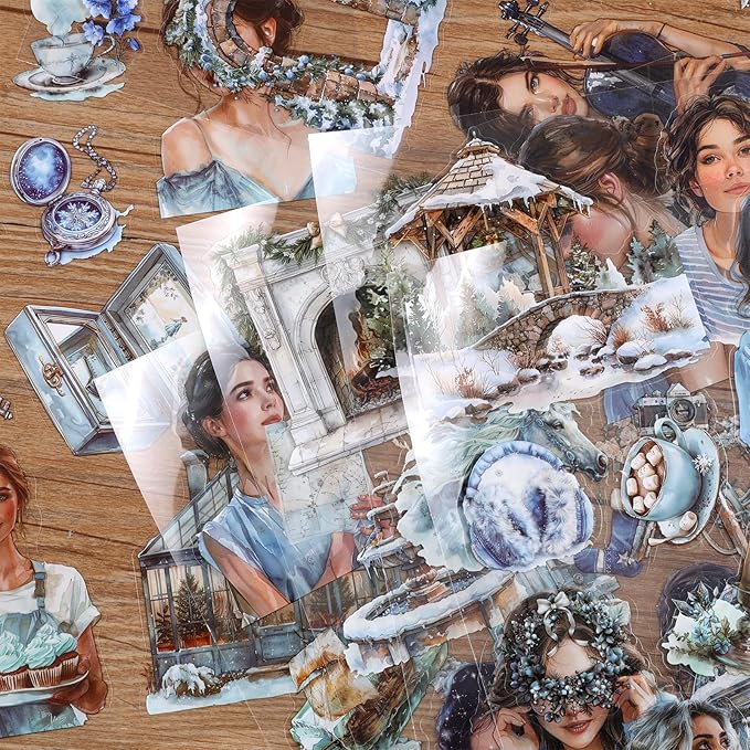 Auguro PET 20 Sheets 180 Pre-Cut Winter Stickers for Scrapbooking People Landscape Stickers Scrapbook Supplies Transparent Sticker for journaling