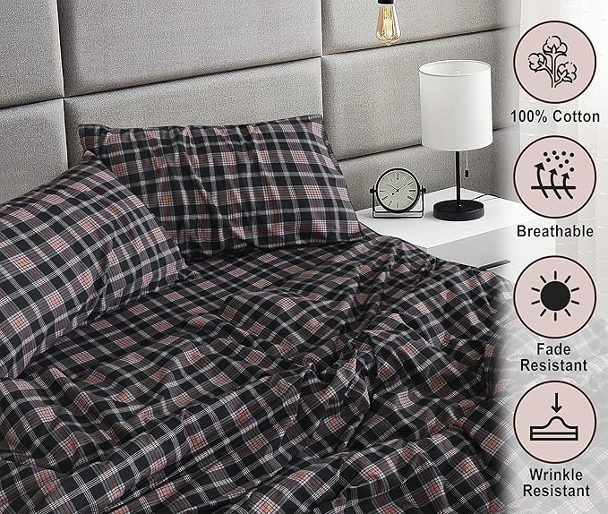 RUVANTI Flannel Sheets Queen Size - 100% Cotton Double Brushed Bed Sheets, Deep Pockets 16 Inches Queen Sheet Set, All Seasons Breathable & Extra Soft - Warm & Cozy, 4 Piece, Peach & Black Plaid