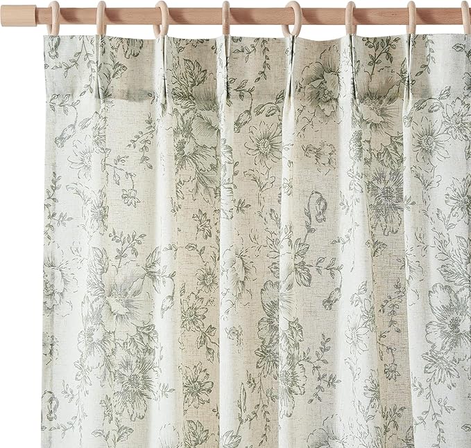 jinachan Pinch Pleated Curtains Floral Linen Blend Curtains for Living Room 84 Inches Length Christmas Green Peony Flower Printed Curtain Rod Pocket Back Tab Farmhouse Drapes with Hooks Set 2 Panels