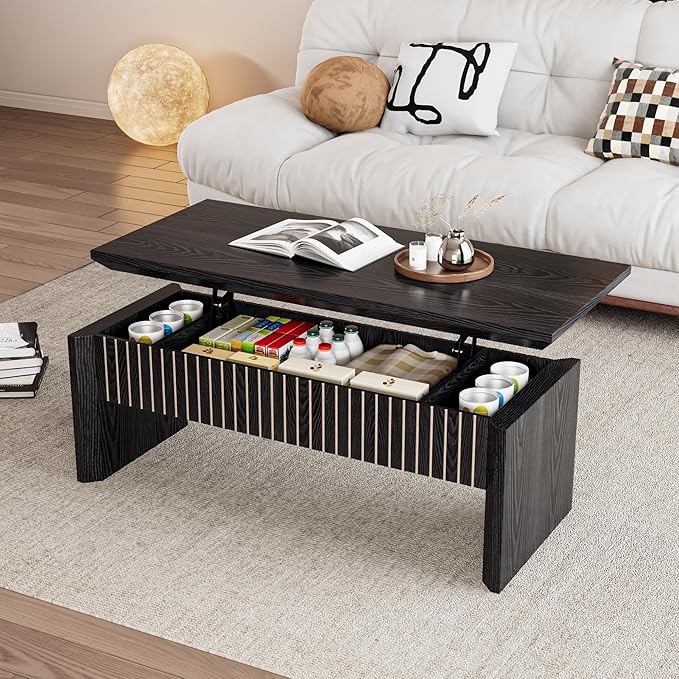 Lift Top Coffee Table with Storage, Mid Century Modern Coffee Table with Hidden Compartment, Fluted Wood Rectangle Center Table for Living Room, Home Office, Walnut (Black, 42.5''W)