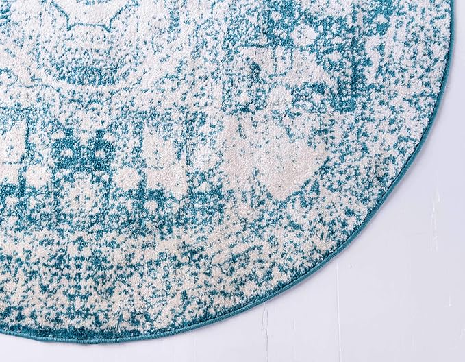 Unique Loom Bromley Collection Area Rug - Wells (3' Round, Turquoise/ Ivory)