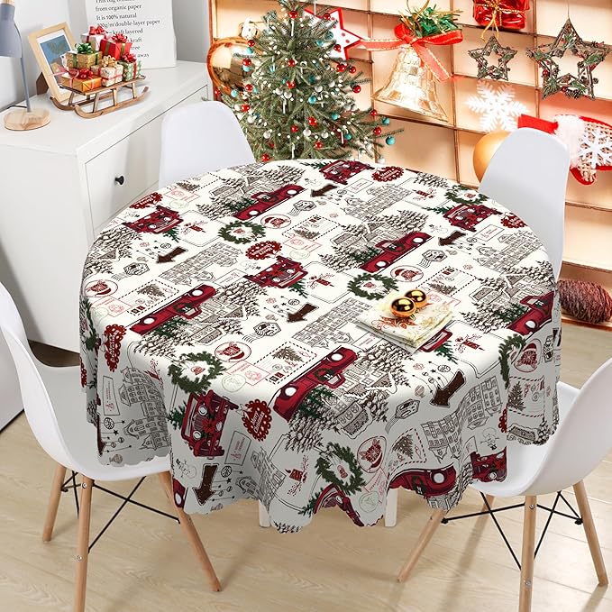 Eikione 60 Inch Round Merry Christmas Tablecloth, Truck Christmas Tree Tablecloth, Stain Resistant Dining Table Cover for Holiday Decor