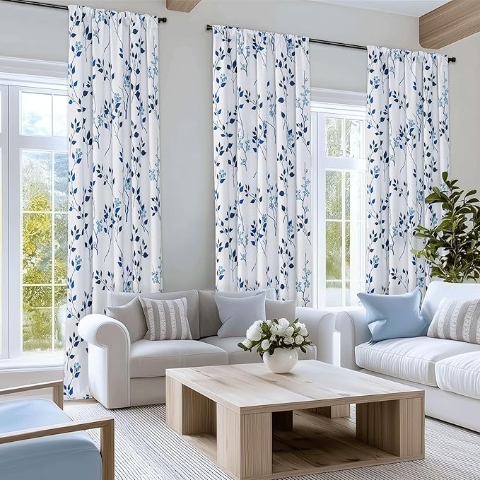 Beauoop Floral 100% Blackout Curtains 96 Inches Long 2 Panels for Bedroom Living Room Navy Blue and White Flower Patterned Room Darkening Thermal Soundproof Rod Pocket Back Tab Window Drapes, 52X96