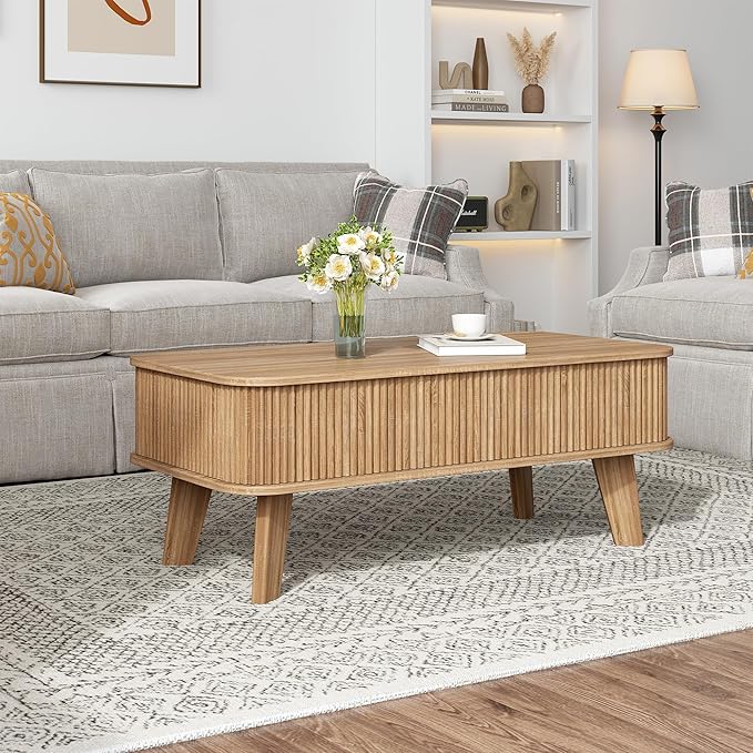 LCVTND Fluted Lift Top Coffee Table with Storage, Modern Wood Coffee Table Retro Center Table with Hidden Lifting Table Top Compartment for Living Room, Home, Office, Natural