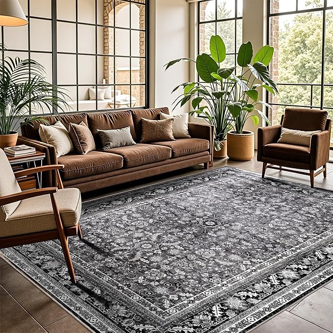 OPPODREAM Vintage Black Area Rugs 6x9, 6 x 9 Retro Washable Rug Non Slip, Low-Pile Faux Wool Carpet, Distressed Floor Mat for Living Room, Bedroom, Kitchen, Office, Dorm, Dinning Room