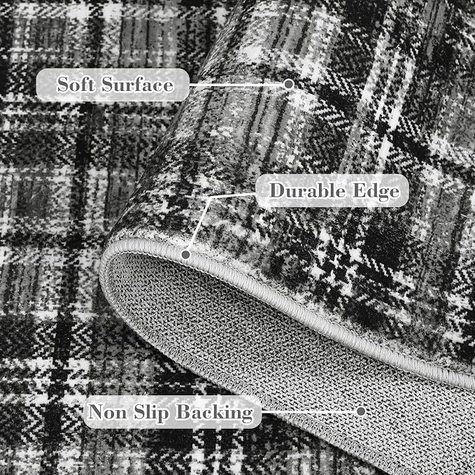 Tartan Plaid Washable Runner Rug 2.5x12 Non Slip Kitchen Rugs Modern Indoor Entryway Rug Soft Bath Mat Stain Resistant Carpet for Bedroom Hallway Laundry Black
