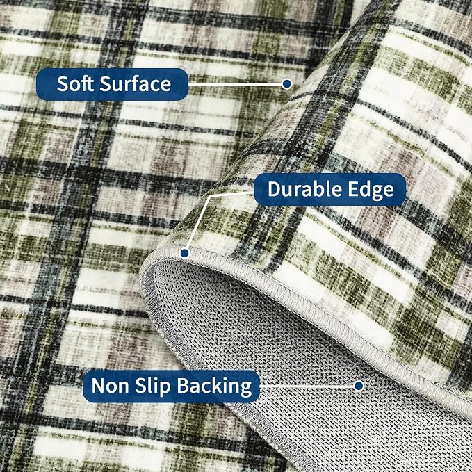 10x13 Area Rug for Living Room Washable Rugs Farmhouse Bedroom Rug Large Rug Non Slip Modern Plaid Throw Rugs for Dining Room Stain Resistant Carpet for Office Classroom, Green&Taupe