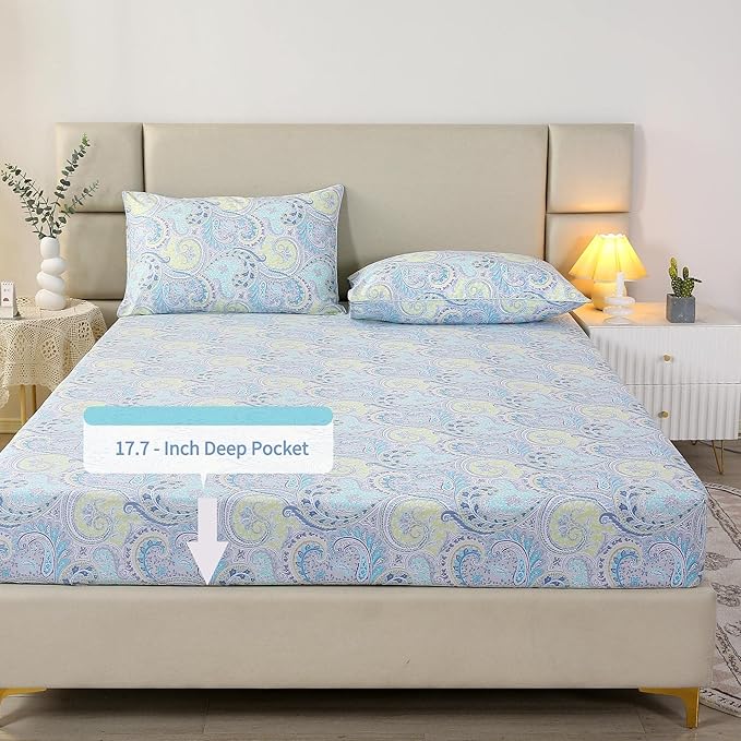 RYNGHIPY Cotton Sheets Floral Print Queen Size Sheet Sets Flower Botanical Pattern Egyptian Cotton Bed Sheets Soft and Breathable Deep Pockets (Blue,Queen Size)