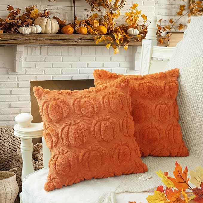 GEEORY Fall Pumpkins Soft Plush Pillow Covers, 20 x 20 Inch Set of 2, Fluffy Faux Fur Wool Decorative Farmhouse Cushion Case for Sofa Home Decoration Orange Pumpkin GC021-20