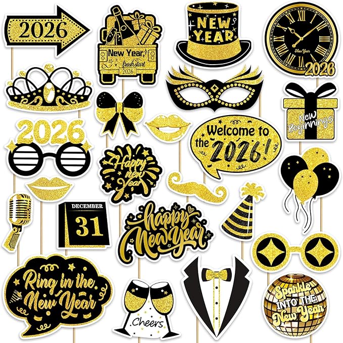 2026 Happy New Years Photo Booth Props, Black Gold New Years Eve Photo Props for 2026 New Year Eve Party Favor Supplies Decorations (24Pcs)
