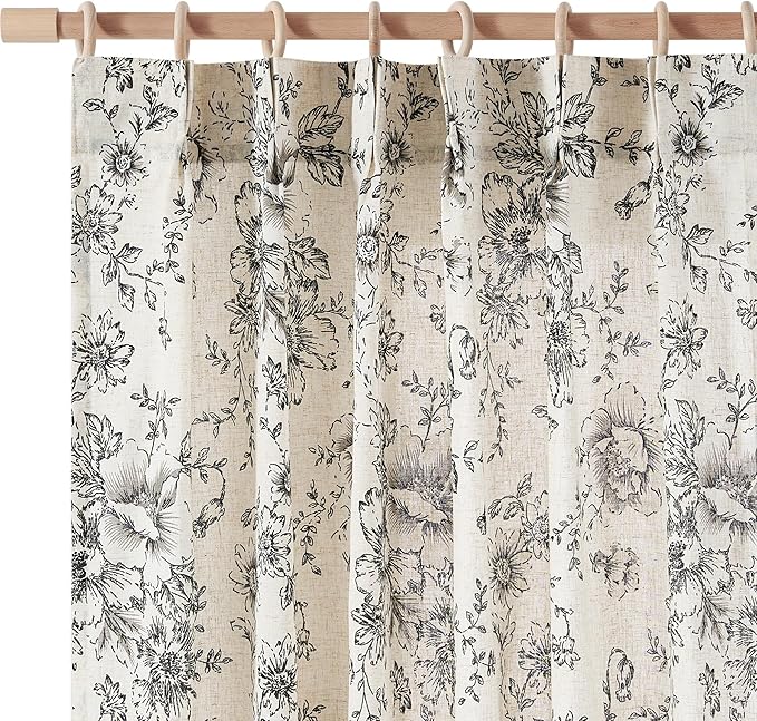 jinchan Pinch Pleated Curtains Floral Linen Blend Curtains for Living Room 90 Inches Length Black Peony Flower Printed Curtain Rod Pocket Back Tab Farmhouse Pinch Pleat Drapes with Hooks Set 2 Panels