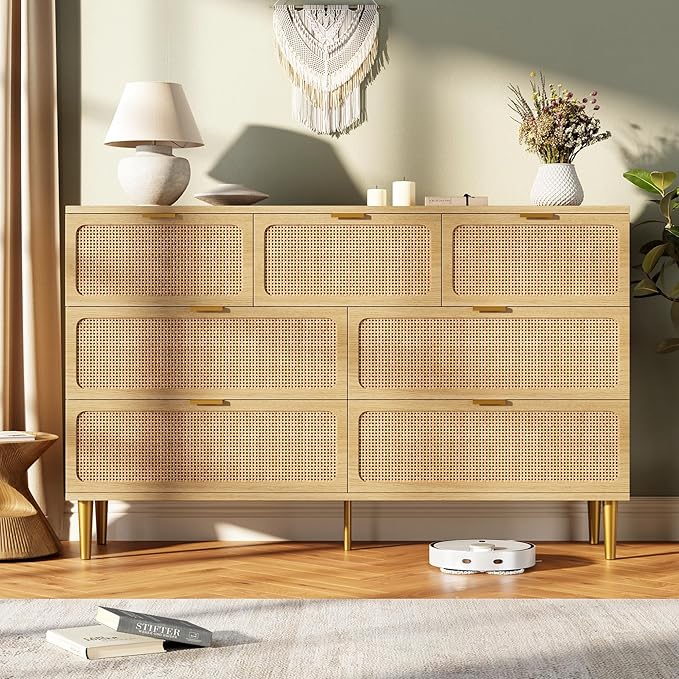 Garvee Rattan Dresser with 7 Drawers, Tall Modern Closet with Deep Storage, Large Chest of Drawers with Wide Top, Long Wooden Dresser for Bedroom, Living Room, Hallway, Kids Room, Natural
