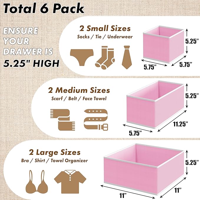 Simple Houseware Underwear Drawer Organizer for Lingerie/Undergarment/Bra/Panty/Sock/Onesie, Set of 6, Pink
