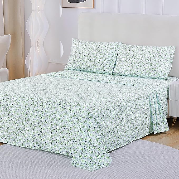 Softan Green Floral Queen Sheet Set, Cozy Botanical Microfiber Printed Fitted Bed Sheet with 15" Deep Pockets & Non-Slip Straps, Fresh Greenery Blooms Patterned Sheets & Pillowcase Set