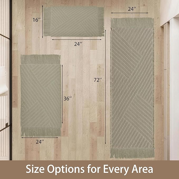 Waffle Bath Mat Non Slip, Boho Bathroom Rug, Super Absorbent Quick Dry Bathroom Mat, Soft Farmhouse Bath Rug with Tassels, Small Washable Shower Mats for Floor 24"x36", Tassels Sage Green