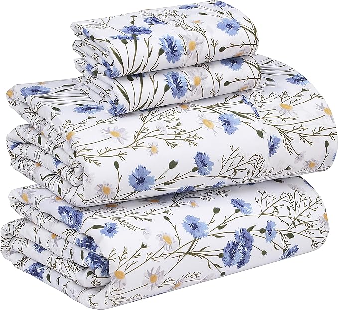 RUVANTI 100% Cotton King Size Sheets Set, 4 Pieces, Soft & Breathable Percale Weave Bedding, Deep Pocket 16", Hotel Standard, Crisp Cool Feel, Durable, Perfect Floral Bed Sheet, Sweet Pea