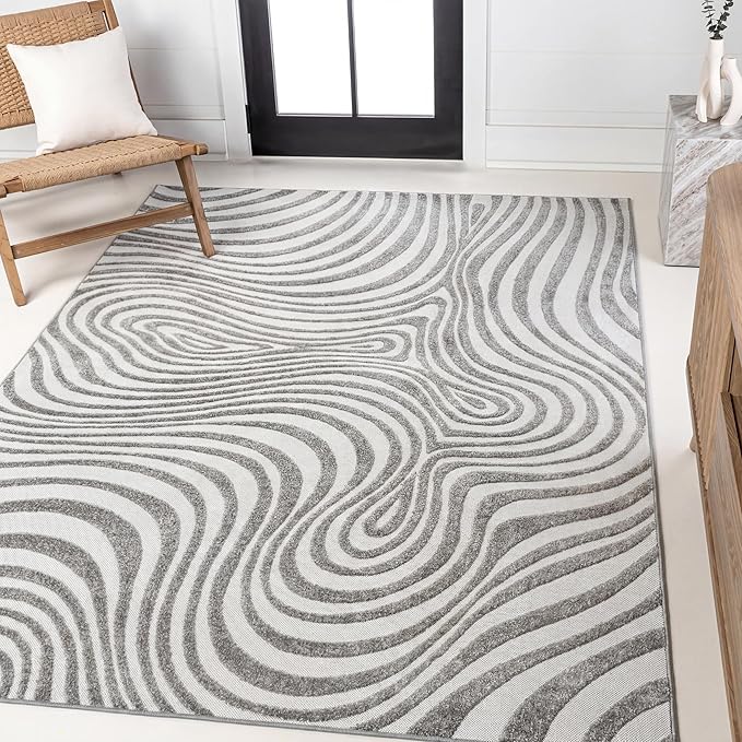 JONATHAN Y Maribo High-Low Abstract Striped Gray/Ivory 6x9 Indoor/Outdoor Area Rug, Pet Friendly, Non-Shedding, Stain Resistant, Easy-Cleaning for Backyard, Patio, Porch (SCN103B-6)