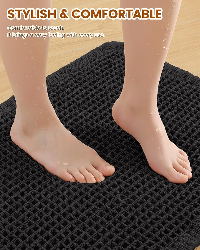 Smiry Waffle Bath Mat 24x16, Extra Soft Absorbent Bathroom Rugs, Non Slip Machine Washable Quick Dry Bath Rugs for Bathroom Floor, Tub, Shower, Home Decor Accessories, Black