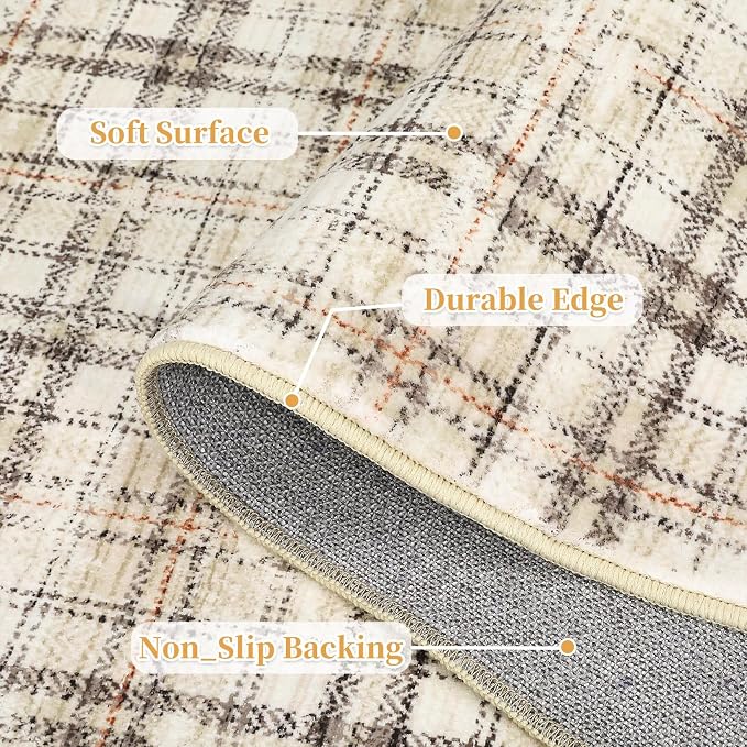Tartan Plaid Round Washable Rug, Soft Modern Round Rugs 5ft Circle Carpets for Bedroom Ultra-Thin, Boho Beige Print Circular Carpet for Living Room Dorm Bedside, Beige