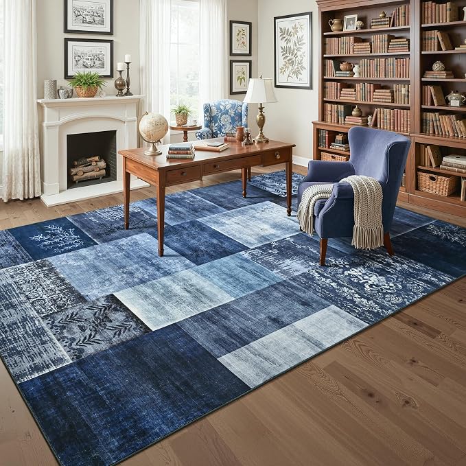 Tepook 5x7 Blue Area Rugs for Living Room, Modern Large Geometric Rug for Bedroom, Washable Patchwork Rug Indoor Non Slip Throw Carpets for Dining Room Office Farmhouse Home Decor