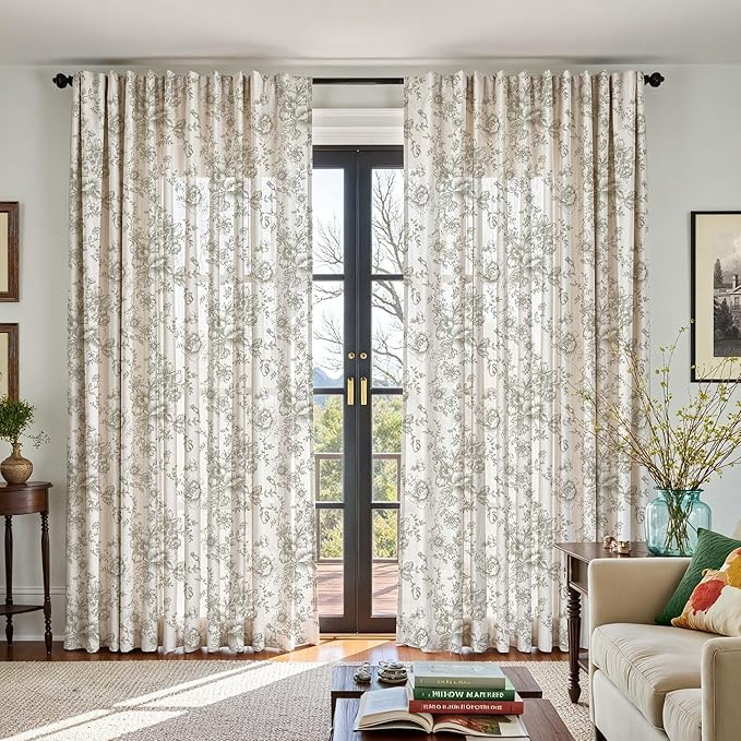 jinachan Linen Floral Curtains 100 Inch Extra Wide for Patio Sliding Glass Door Room Divider Curtain for Living Room 90 Inch Length Farmhouse Peony Christmas Green Printed Curtain Set 1 Panel