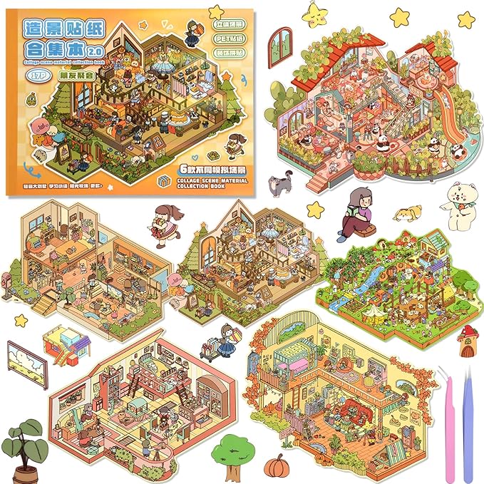 ASTARON 6 Sets DIY 3D Sticker Scene Book Sticker Therapy for Adults, Make Your Own Mini Cozy Shop House Room Stickers Cute Cartoon Miniature Stickers, Relief Stress Pass The Time