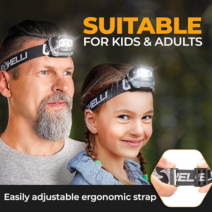 Foxelli LED Headlamp Flashlight for Adults & Kids, Running, Camping, Hiking Head Lamp with White & Red Light, Comfortable Headband, Lightweight & Waterproof, 3 AAA Batteries