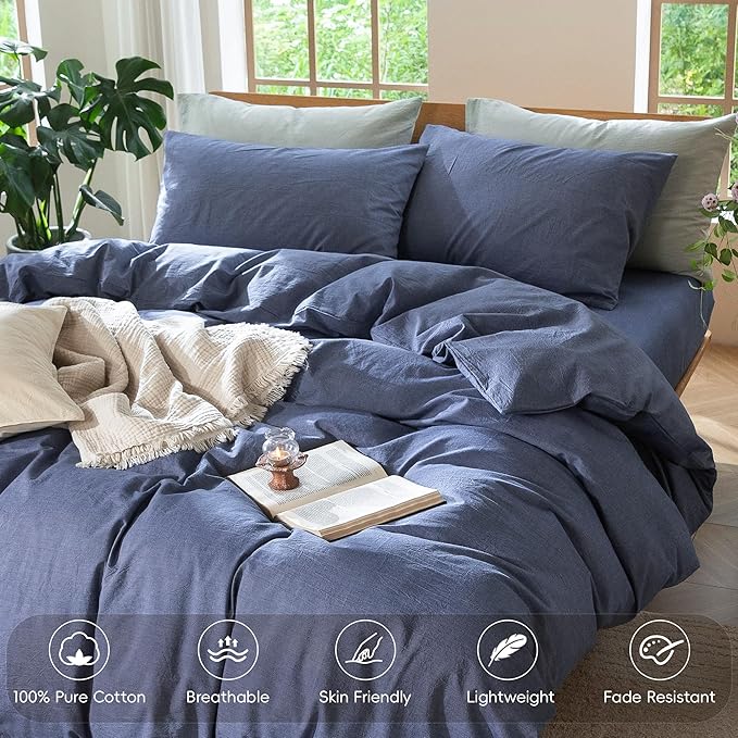 MooMee Bedding Duvet Cover Set 100% Washed Cotton Linen Like Textured Breathable Durable Soft Comfy (Heathered Blue, Queen 90"x90")