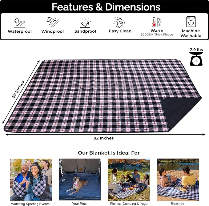 BRAWNTIDE Large Outdoor Waterproof Blanket - Extra Thick Fleece, Warm, Windproof, Sandproof, Quilted, 82" x 55", Ideal for Beaches, Picnics, Camping, Stadiums, Dogs, Car