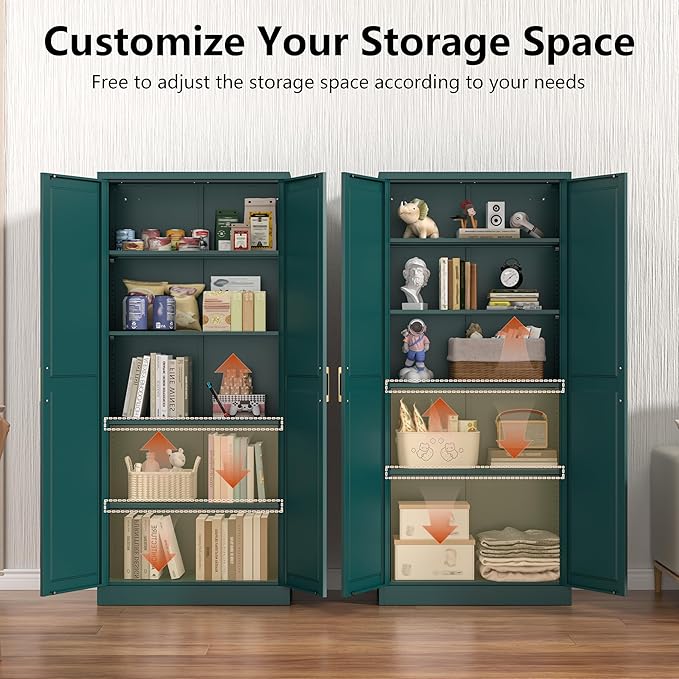 Metal Storage Cabinet,75" Tall Kitchen Pantry Storage Cabinet with Doors and Adjustable Shelves, Green Metal Pantry Cabinets, Large Cupboard for Kitchen, Dining Living Room, Bathroom, Office
