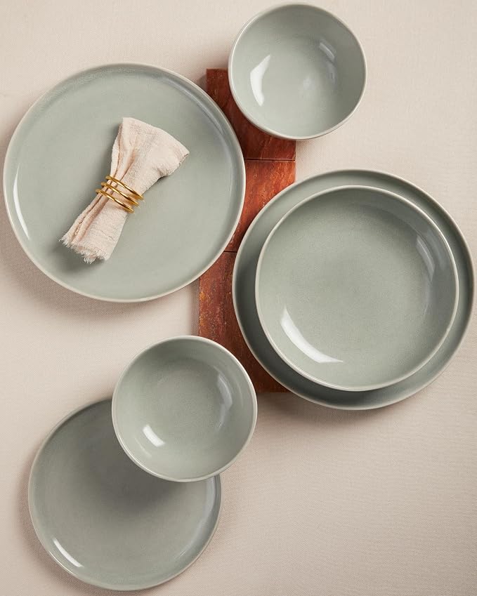 Pokini Dinnerware Sets for Family of 6, Ceramic Plates and Bowls Set, Kitchen Dish Set, Microwave & Dishwasher Safe Dishware, Highly Durable Reactive Glazed Dinner Set, Gray Green