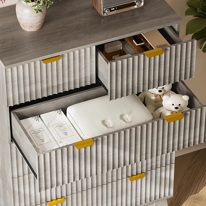 BORNOON 46" Tall Dresser for Bedroom, 6-Drawer Fluted Chest of Drawers, Modern Wood Highboy with Deep Storage, Metal Slides and Handles, Anti-Tip Kit, Vertical Clothes Organizer for Apartment, Nursery