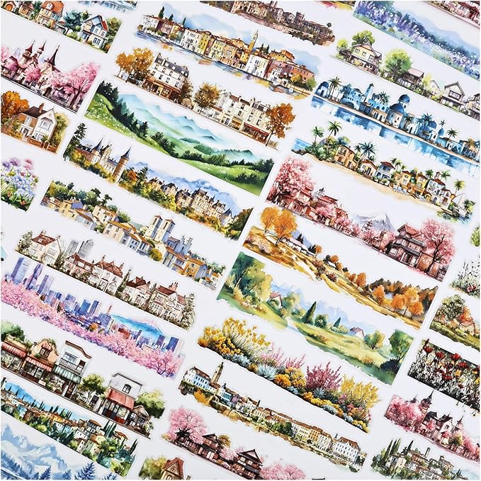 Dwpetzo Transparent PET Stickers for Journaling Scrapbooking, 60 Sheets Large Seasonal Landscape House Mountain Forest Wildflower Stickers Set for Junk Journal, Collage, Crafts Arts