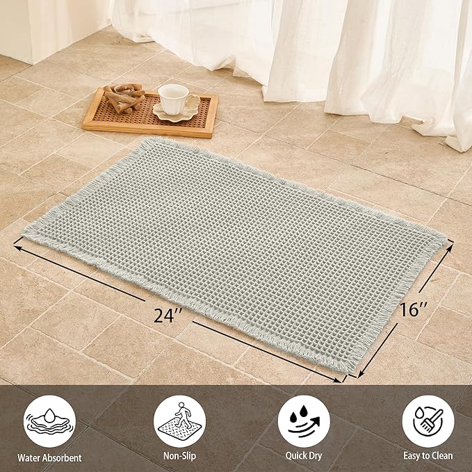 Waffle Bath Mat Non Slip, Boho Bathroom Rug, Super Absorbent Quick Dry Bathroom Mat, Soft Farmhouse Bath Rug with Tassels, Small Washable Shower Mats for Floor 16"x24", Light Grey