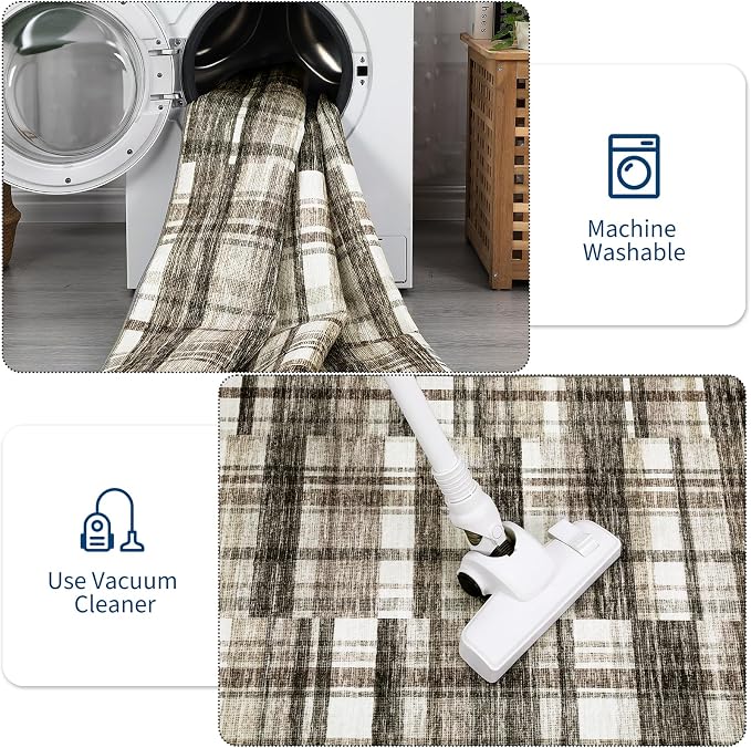 Washable Area Rug 5x7 Rug for Living Room Plaid Low Pile Bedroom Rug Modern Area Rugs Soft Non Slip Throw Rugs Stain Resistant Carpet for Classroom Dining Room Beige 5'x7'