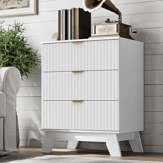 BORNOON Fluted 3 Drawer Dresser, 30.3" Tall Compact Modern Boho Chest of Drawers, Wooden Storage Cabinet for Bedroom, Living Room, Entryway, Curved Profile Design