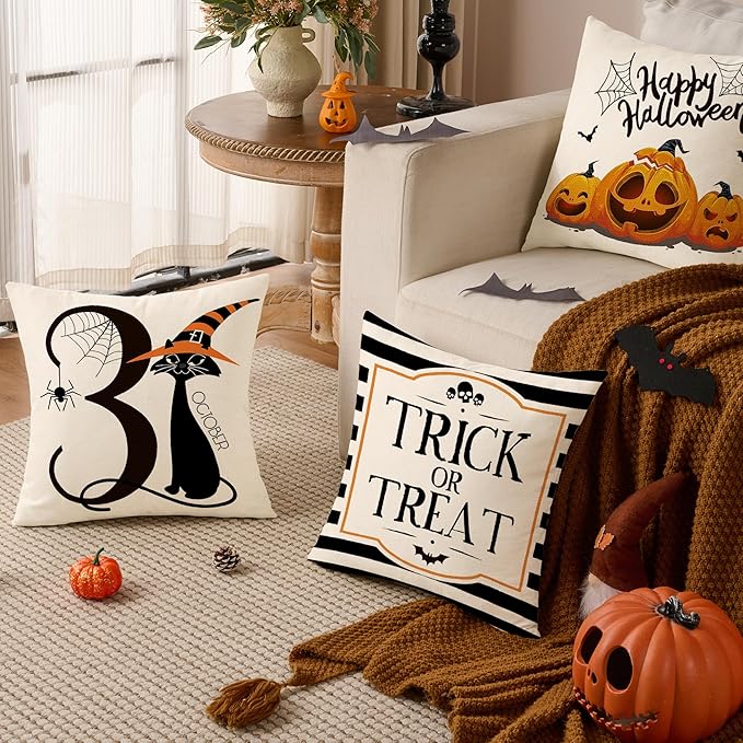 Halloween Decor Pillow Covers 18x18 Inch,Set of 4 Halloween Decoration Indoor Outdoor Throw Pillow Covers, Trick or Treat Black Striped Linen Cushion Case for Home Sofa Couch Bedroom Chair