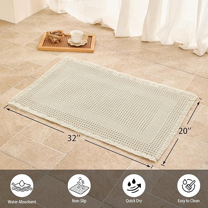 Waffle Bath Mat Non Slip, Boho Bathroom Rug, Super Absorbent Quick Dry Bathroom Mat, Soft Farmhouse Bath Rug with Tassels, Small Washable Shower Mats for Floor 20"x32", Square Cream