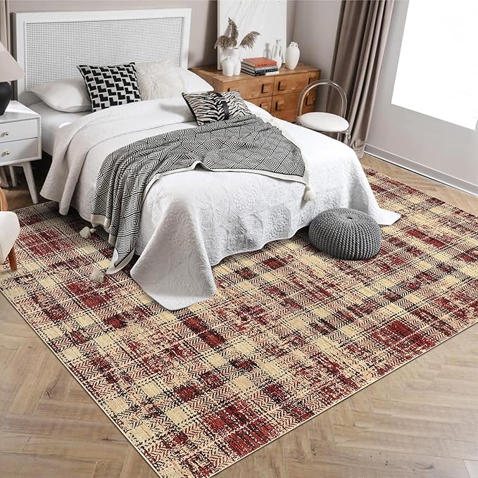 Washable Rugs 9x12 Rug for Living Room Christmas Bedroom Rug Modern Plaid Area Rug Soft Carpet for Dining Room Nursery 9'x12' Red