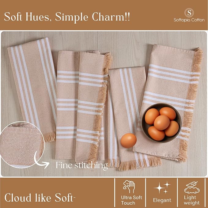 Prewashed Stripe Kitchen Towels 12 Pack, 16x26 Inches, 100% Cotton, Dish Towels for Kitchen Drying, Reusable Tea Towels, Absorbent Wash Cloths, Quick Dry and Machine Washable - Beige