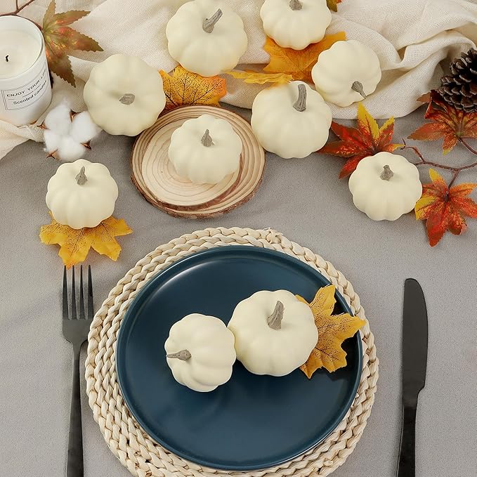 Artgar Pumpkin Decor - White Pumpkin - 10 PCS Mini Pumpkins Harvest Set - Beige Foam Pumpkins for Home Decor DIY, Table, Halloween, Fall, Thanksgiving Decorations